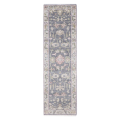 Runner Slate, Gray, Sage Color Hand Knotted Oushak Wool Transitional Oriental Rug