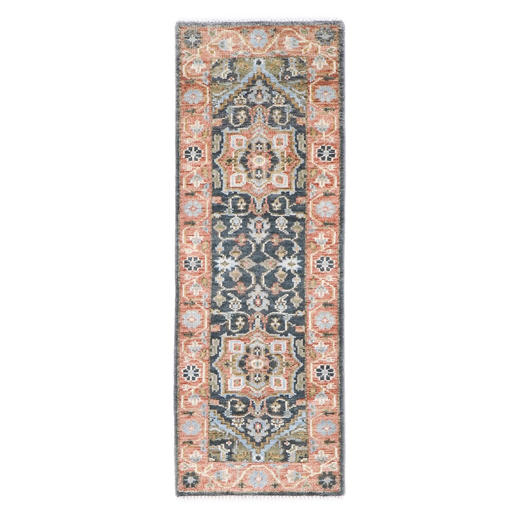 Runner Slate, Blush, Sage Color Hand Knotted Oushak Wool Traditional Oriental Rug