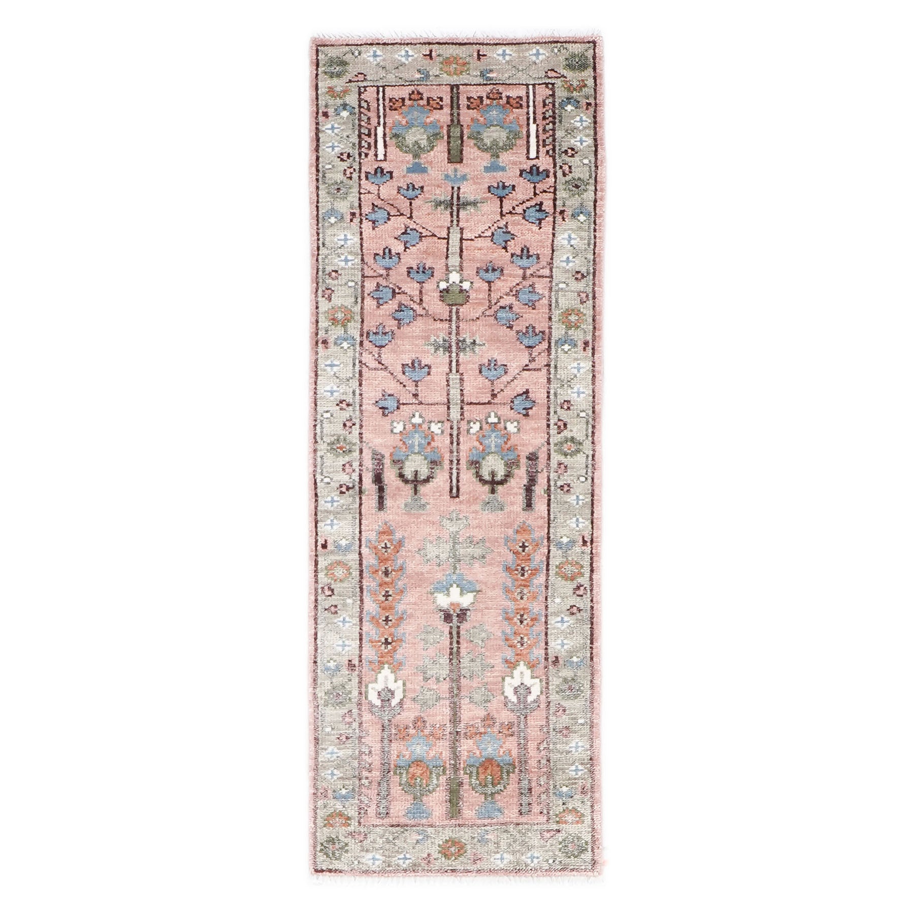 Runner Blush, Gray, Blue Color Hand Knotted Oushak Wool Transitional Oriental Rug