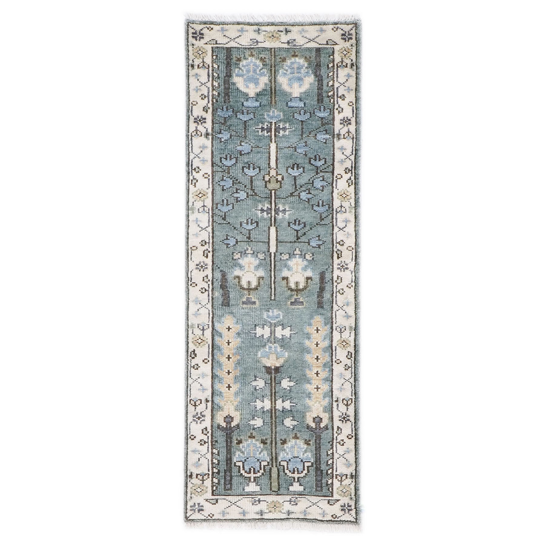 Runner Celadon, Ivory, Gray Color Hand Knotted Oushak Wool Transitional Oriental Rug