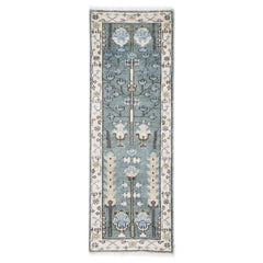 Runner Celadon, Ivory, Gray Color Hand Knotted Oushak Wool Transitional Oriental Rug