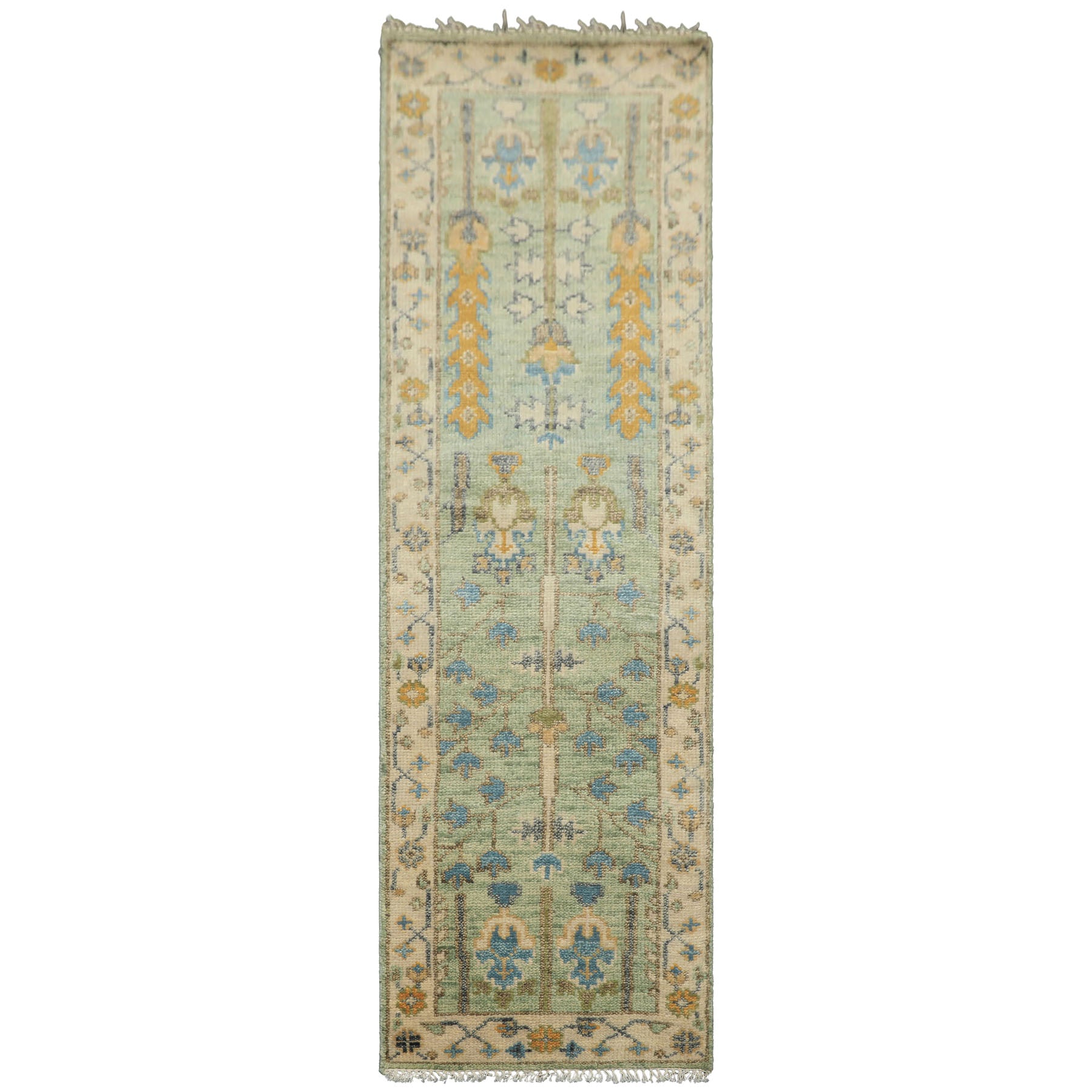 Runner Mint, Ivory, Gold Color Hand Knotted Oushak Wool Traditional Oriental Rug