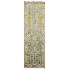 Runner Mint, Ivory, Gold Color Hand Knotted Oushak Wool Traditional Oriental Rug