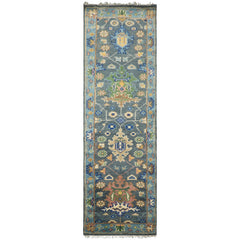 Runner Slate, Blue, Blush Color Hand Knotted Oushak Wool Traditional Oriental Rug