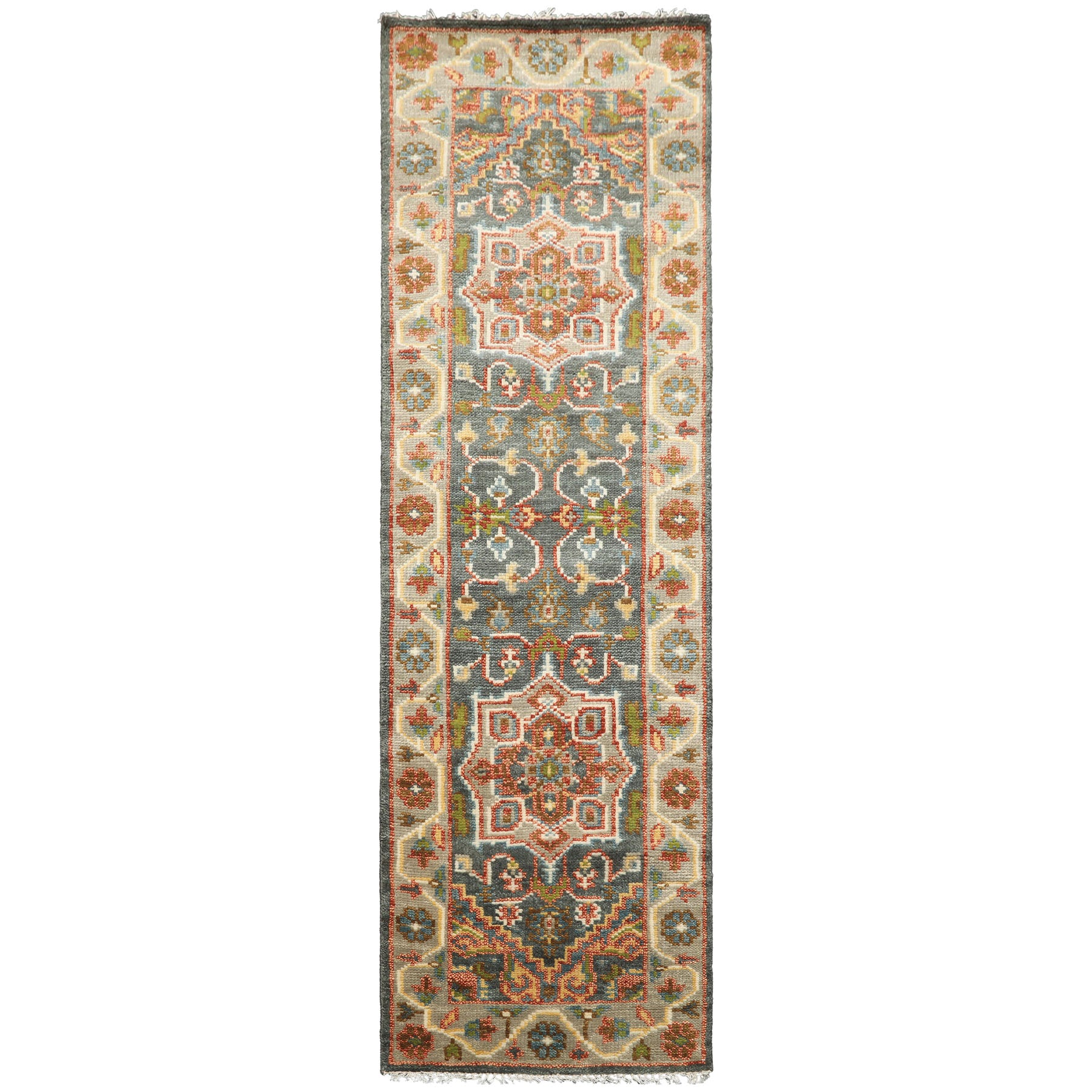 Runner Teal, Gray, Rust Color Hand Knotted Oushak Wool Traditional Oriental Rug