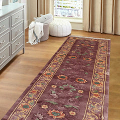 Runner Aubergine, Cream, Aqua Color Hand-Knotted French Aubusson 100% Wool Traditional Oriental Rug