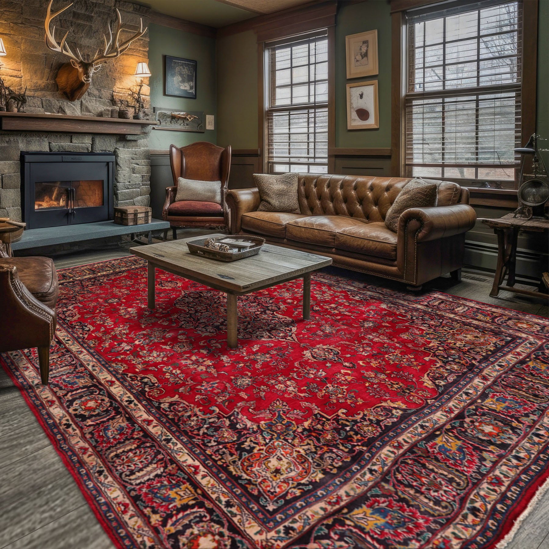 9x12 Red, Blue, Ivory Color Hand Knotted All-Over Wool Traditional Oriental Rug