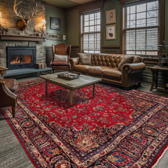9x12 Red, Blue, Ivory Color Hand Knotted All-Over Wool Traditional Oriental Rug