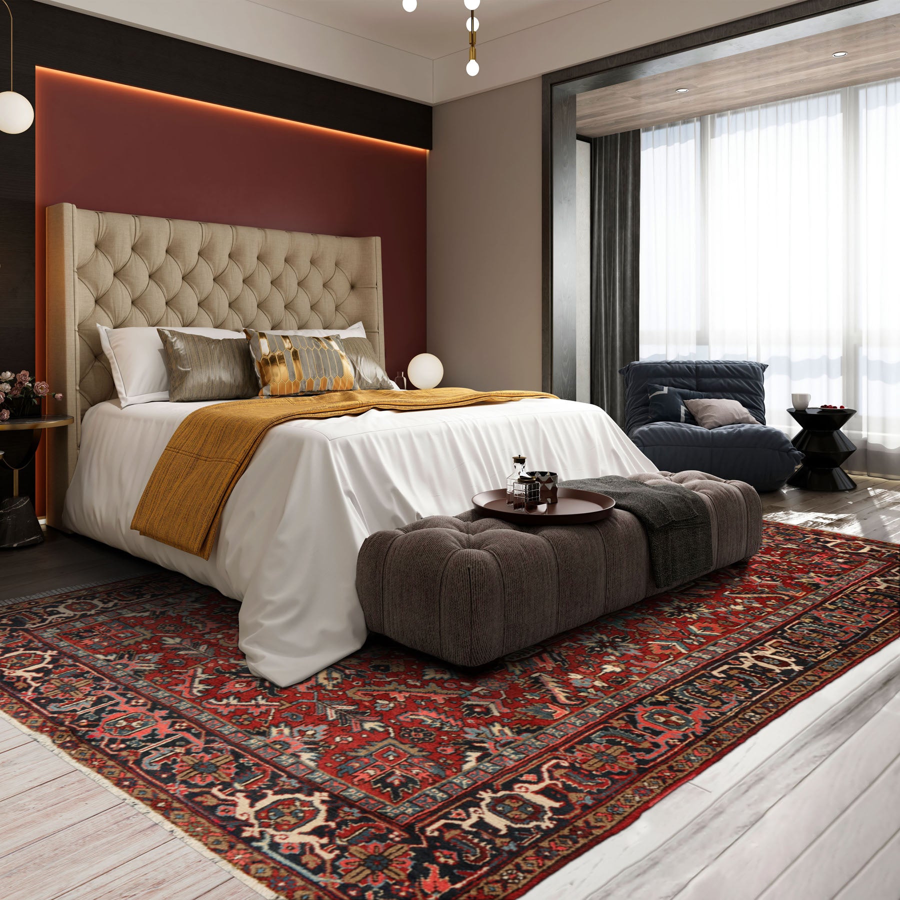 8x10 Orangy Red, Ivory, Blue Color Hand Knotted All-Over 100% Wool Traditional-Persian/Oriental Oriental Rug