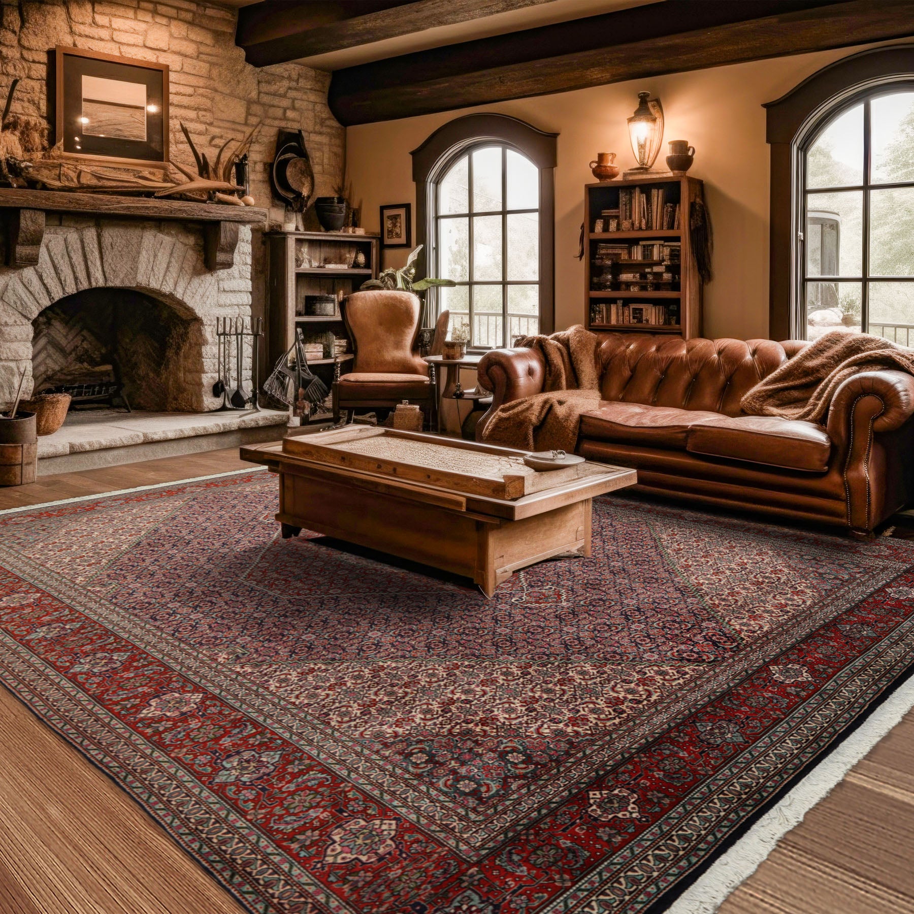 8x10 Navy, Rust, Ivory Color Hand Knotted All-Over 100% Wool Traditional Oriental Rug