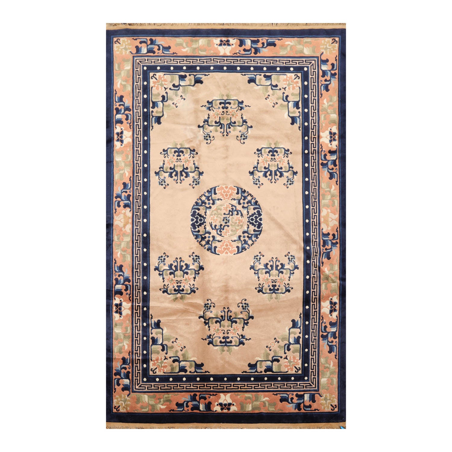 5x7 Beige, Peach, Navy Color Hand Knotted All-Over 100% Wool Traditional Oriental Rug