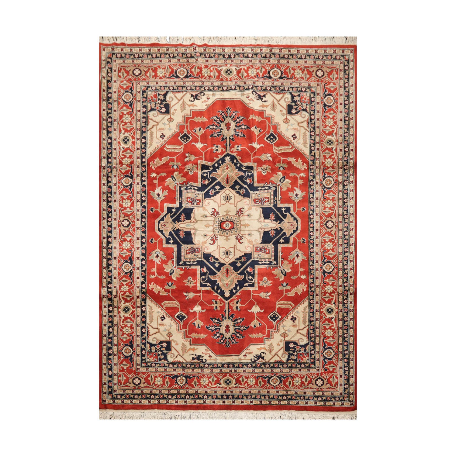 9x12 Burnt Orange, Beige, Navy Color Hand Knotted All-Over 100% Wool Traditional Oriental Rug