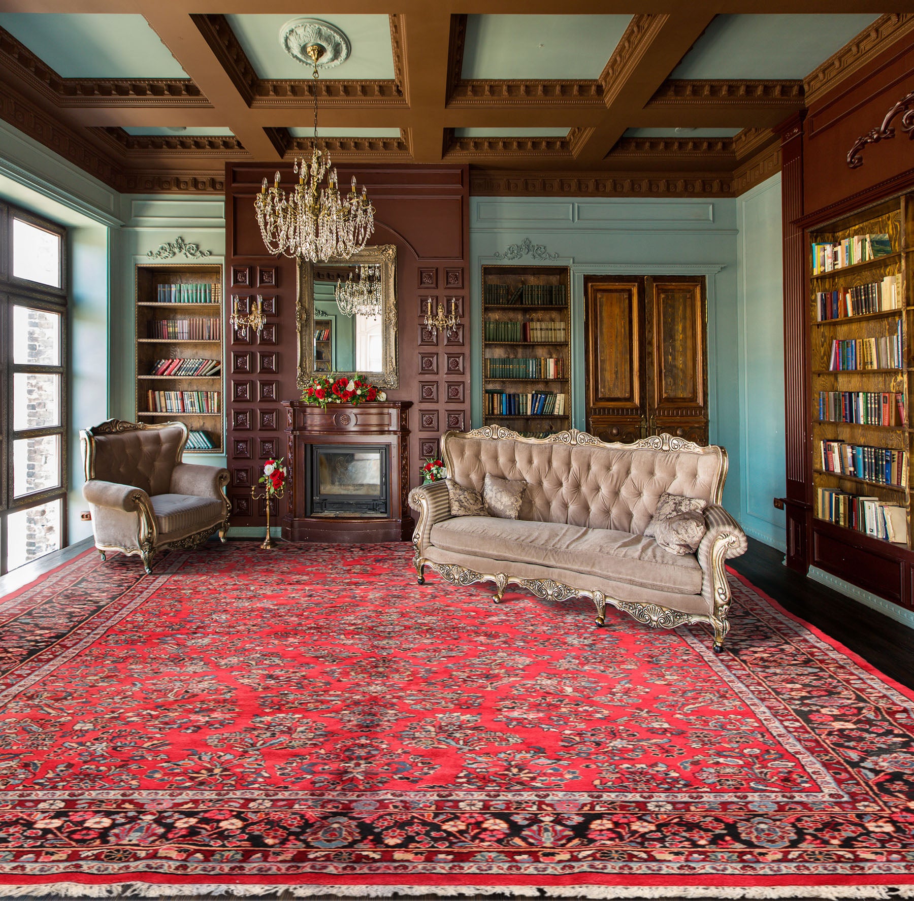 Oversize Coral, Black, Ivory Color Hand Knotted Medallion Wool Traditional Oriental Rug