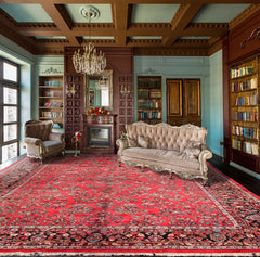 Oversize Coral, Black, Ivory Color Hand Knotted Medallion Wool Traditional Oriental Rug