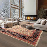 8x10 Ivory, Midnight Blue, Coral Color Hand Knotted Floral Wool Traditional Oriental Rug