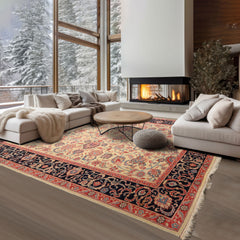 8x10 Ivory, Midnight Blue, Coral Color Hand Knotted Floral Wool Traditional Oriental Rug