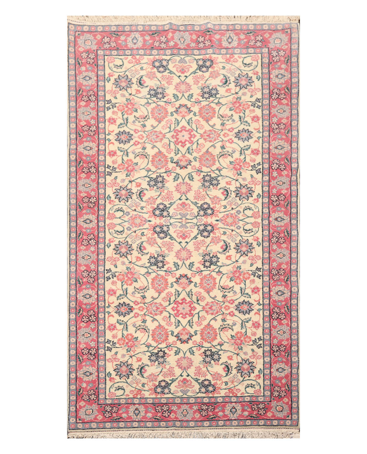Runner Ivory, Pink, Blue Color Hand Knotted All-Over 100% Wool Traditional Oriental Rug