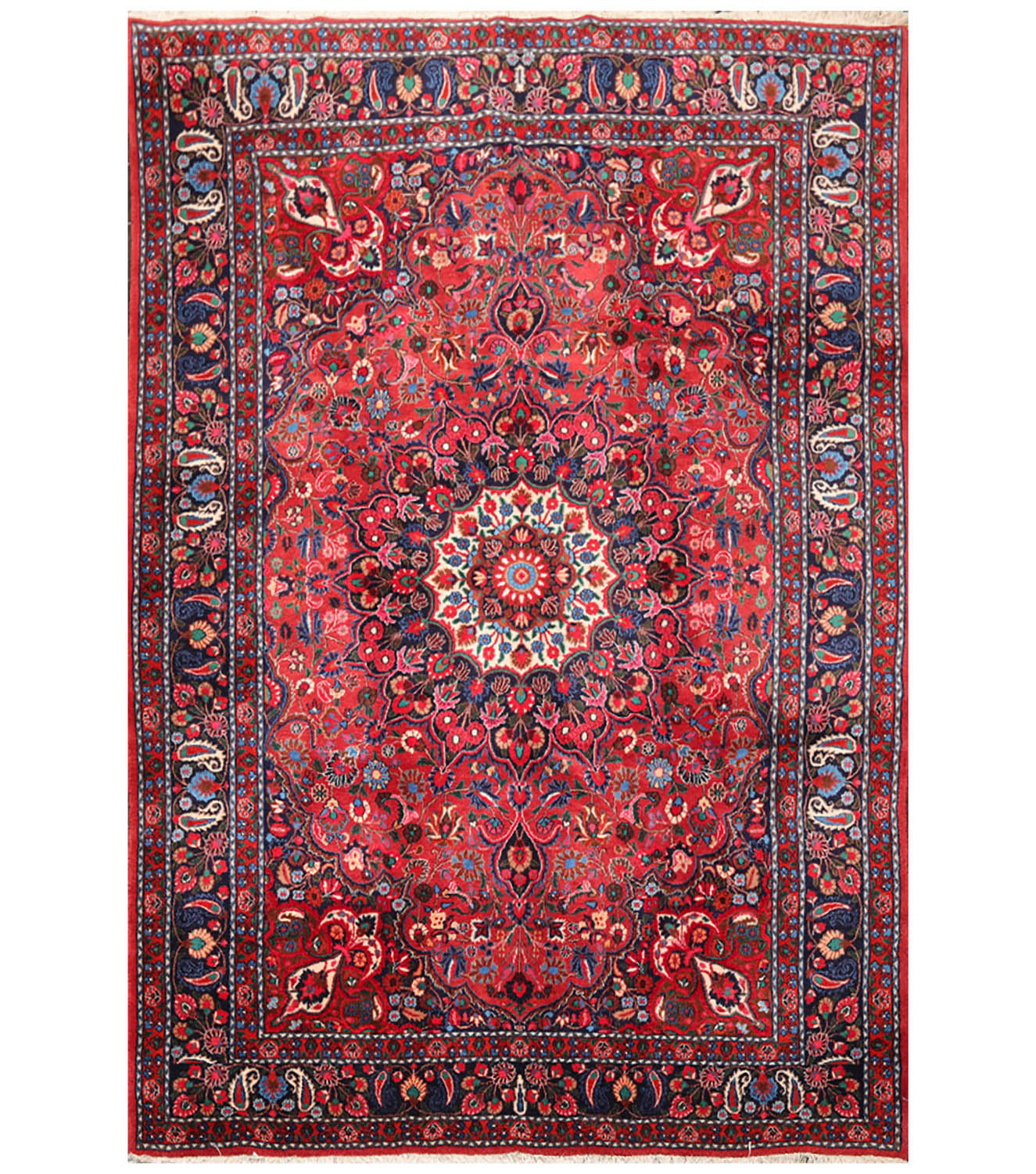 6x9 Rusty Red, Navy, Turquoise Color Hand Knotted All-Over 100% Wool Traditional Oriental Rug
