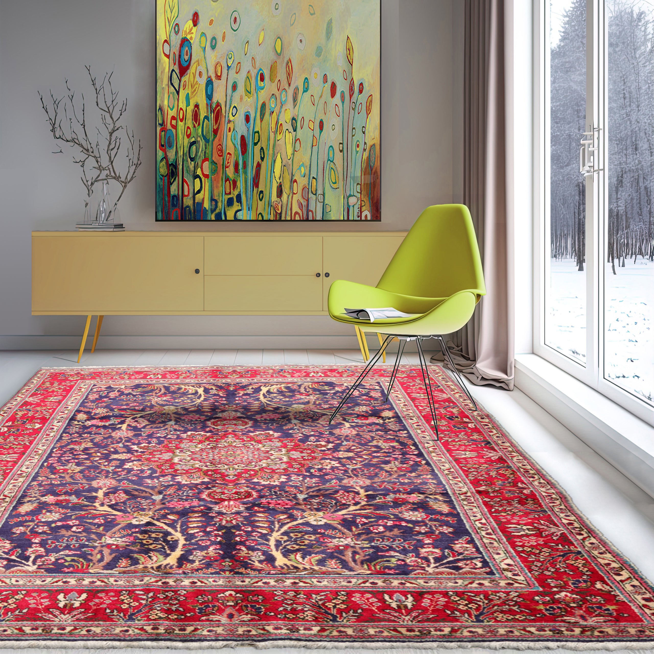 6x9 Blue, Red, Ivory Color Hand Knotted All-Over 100% Wool Antique Oriental Rug