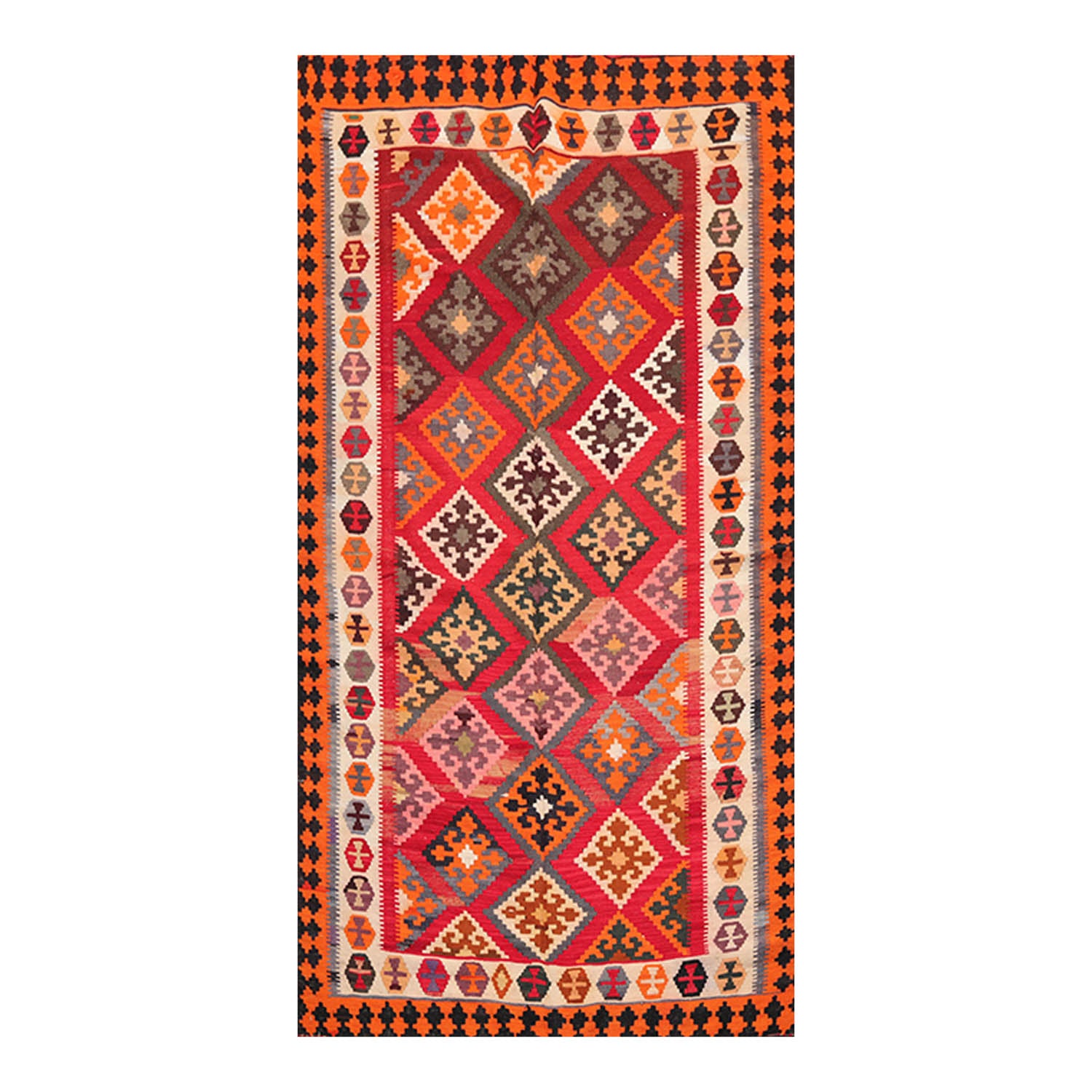 Runner Red, Ivory, Orange Color Hand Woven All-Over 100% Wool Southwestern Oriental Rug