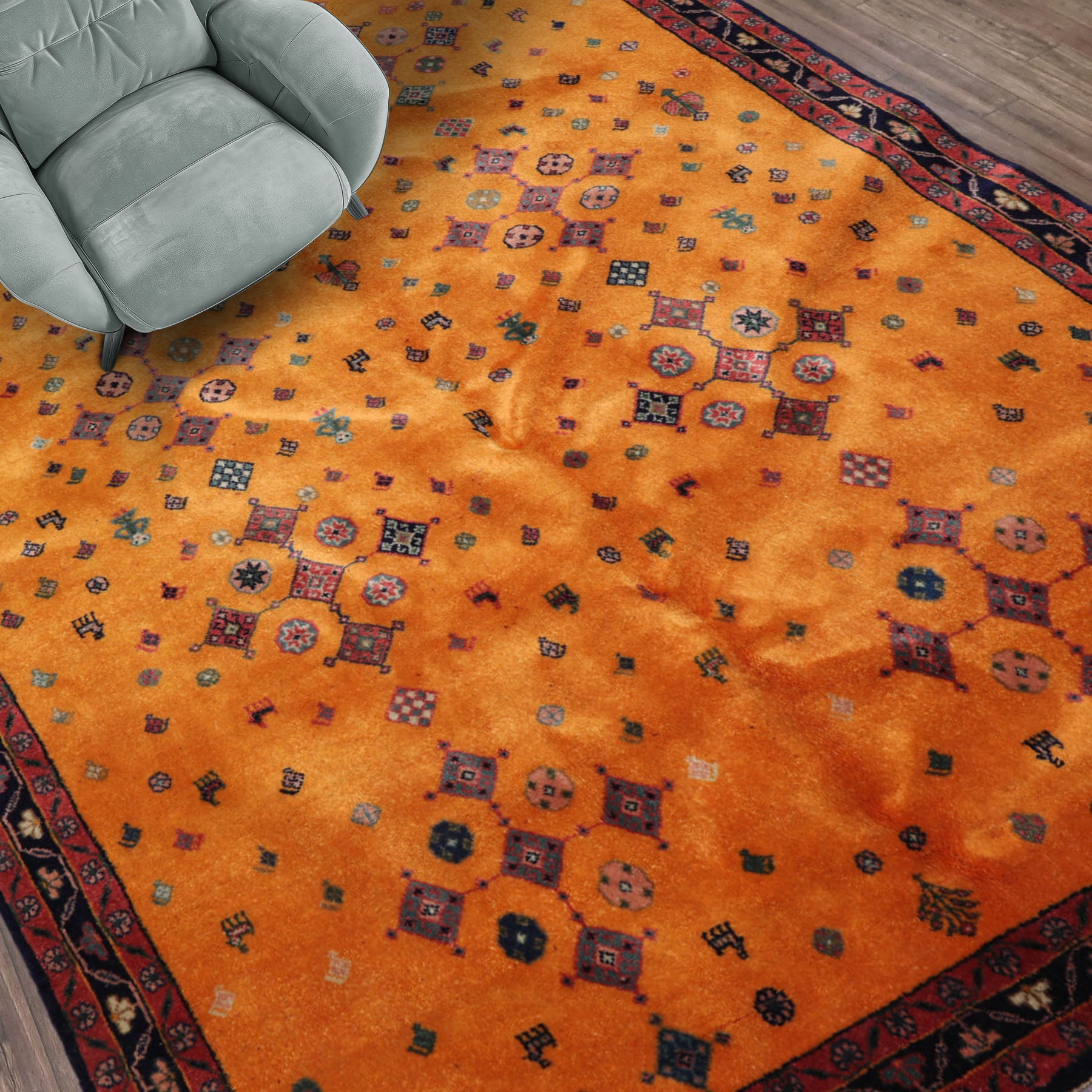 4x6 Gold, Rose, Green Color Hand Knotted Geometric Wool Oriental Rug