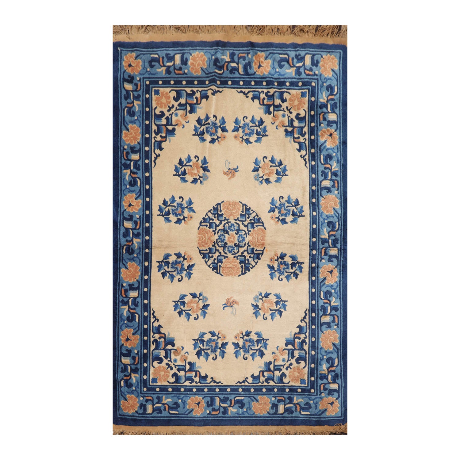 4x6 Beige, Royal Blue, Navy Color Hand Knotted All-Over 100% Wool Traditional Oriental Rug