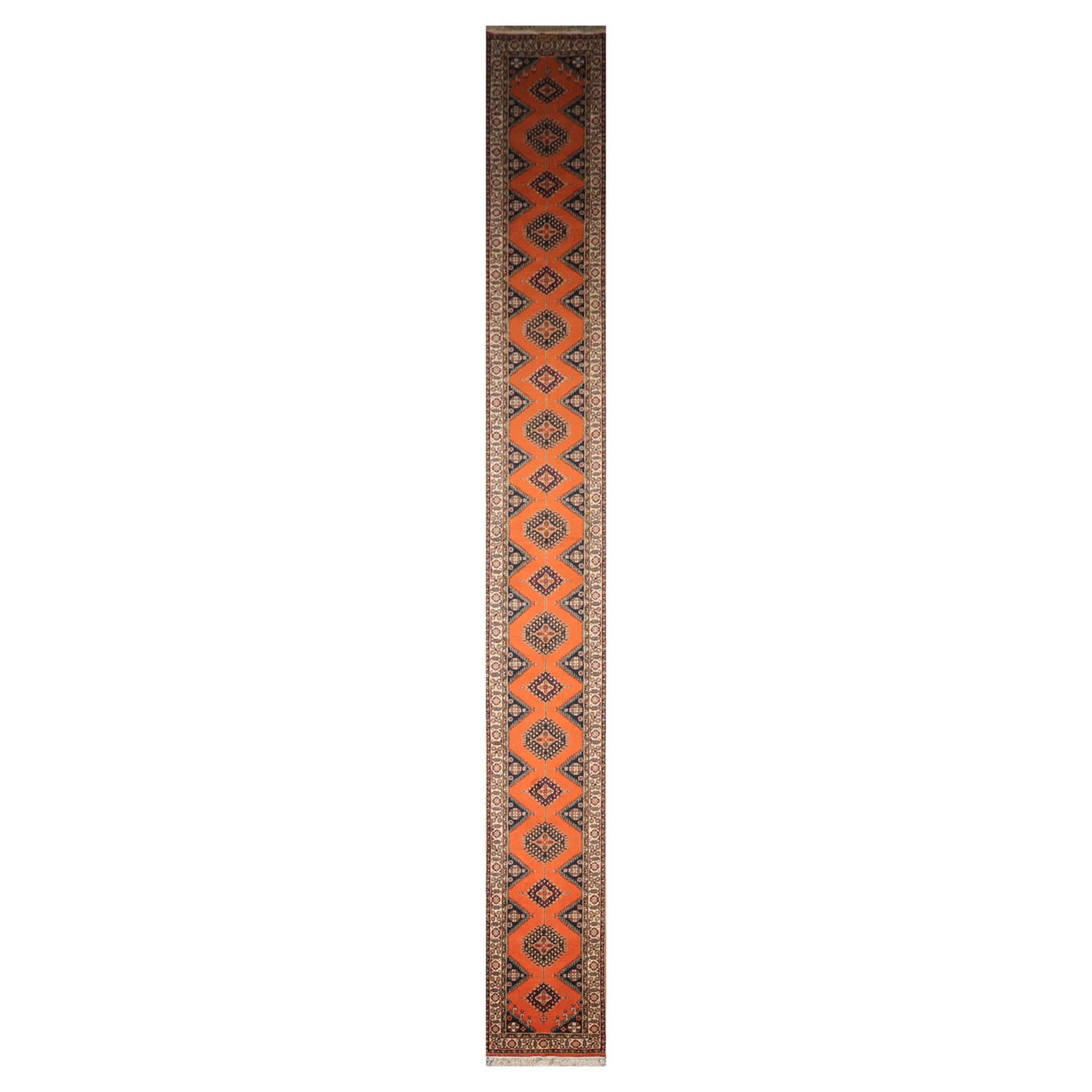 Runner Orange, Ivory, Midnight Blue Color Hand Knotted All-Over 100% Wool Traditional Oriental Rug
