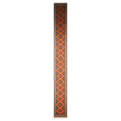 Runner Orange, Ivory, Midnight Blue Color Hand Knotted All-Over 100% Wool Traditional Oriental Rug