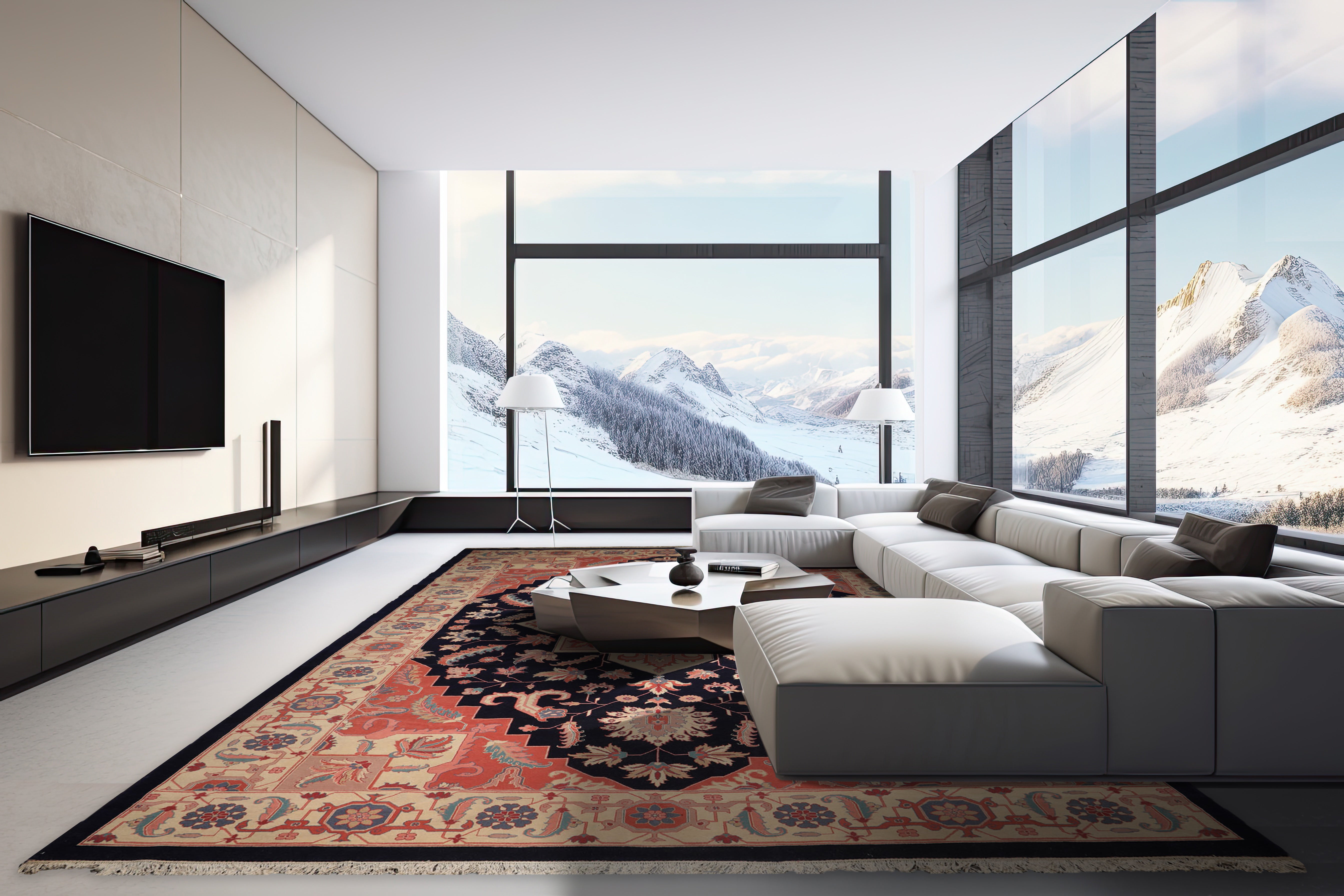 Palace Navy, Peach, Ivory Color Hand Knotted All-Over 100% Wool Traditional Oriental Rug