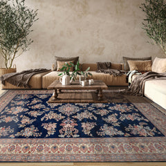 Palace Navy, Cream, Blue Color Hand Knotted All-Over 100% Wool Traditional Oriental Rug