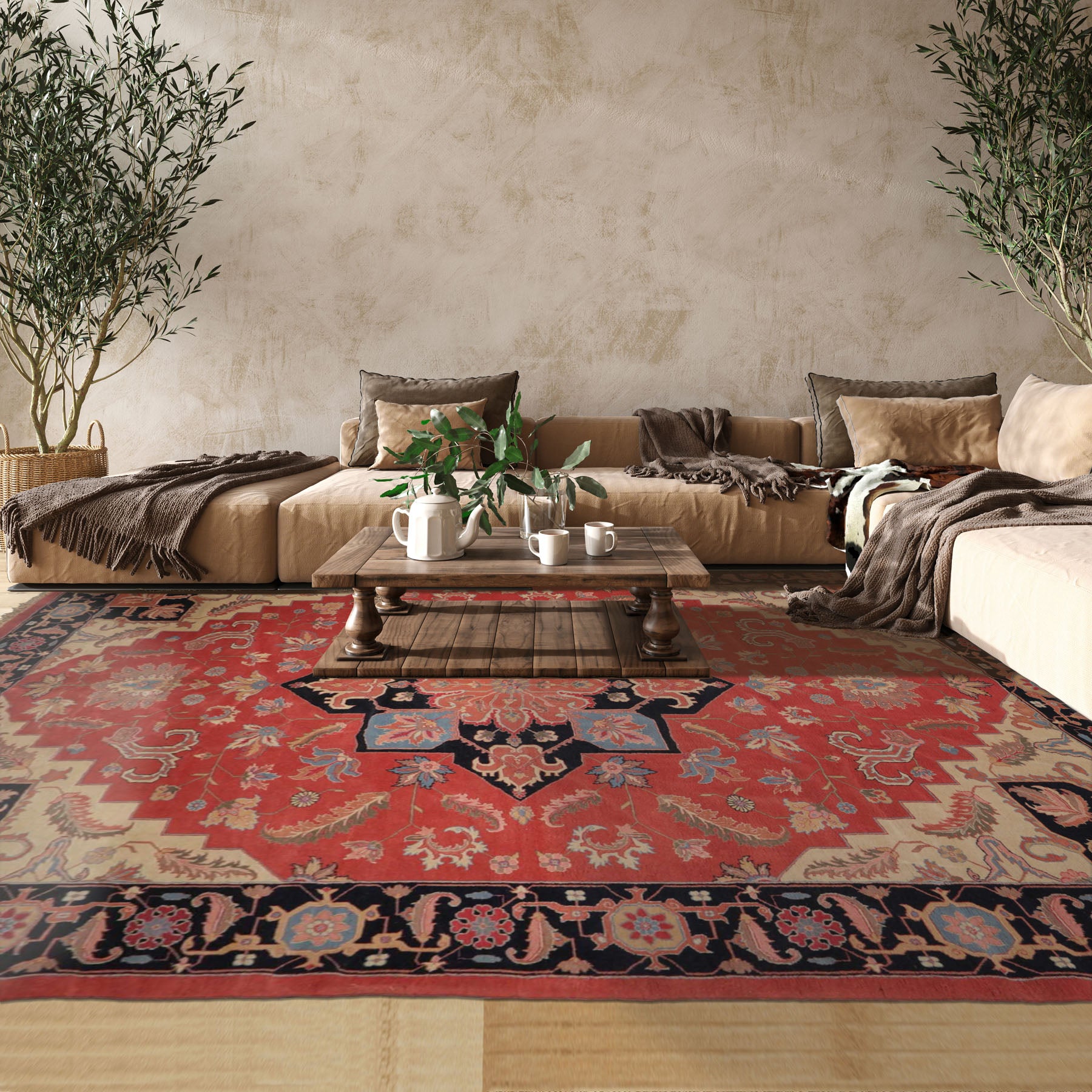 Palace Coral, Midnight Blue, Peach Color Hand Knotted All-Over 100% Wool Traditional Oriental Rug