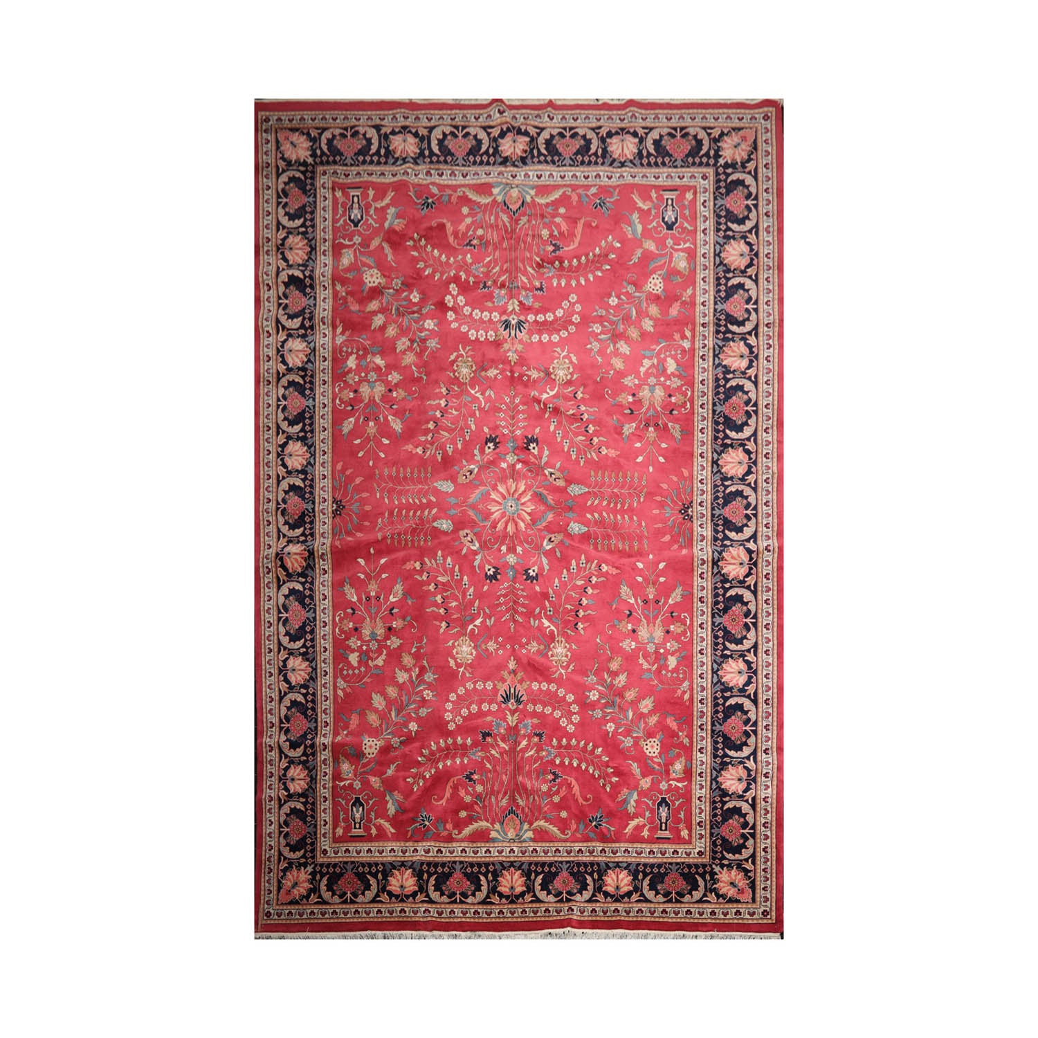 Palace Rose, Midnight Blue, Ivory Color Hand Knotted All-Over 100% Wool Traditional Oriental Rug