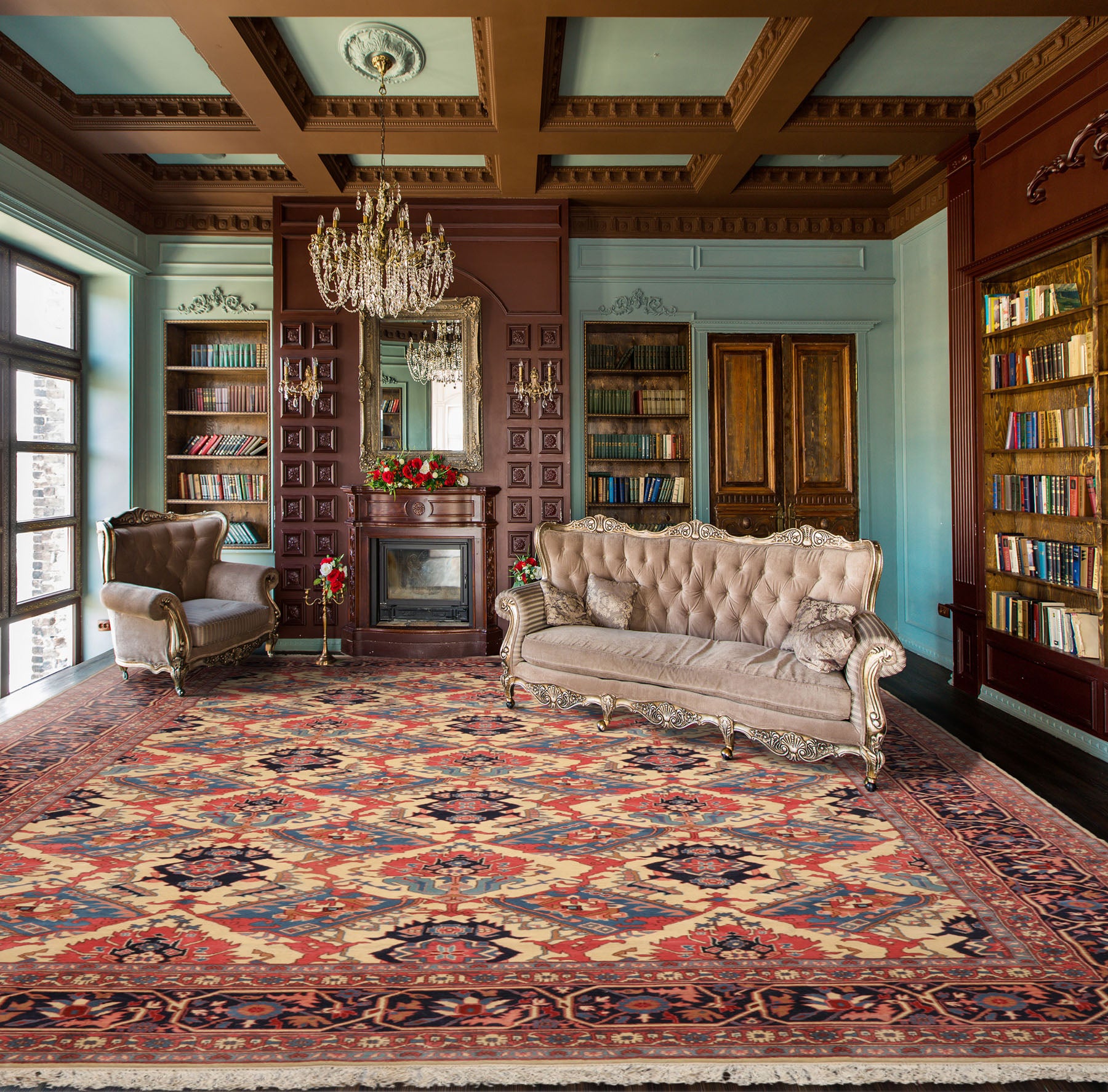 12x18 Ivory, Navy, Rose Color Hand Knotted Wool Traditional Oriental Rug