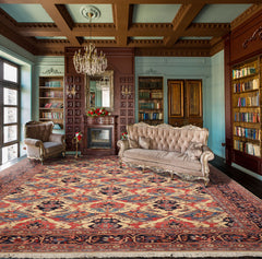 12x18 Ivory, Navy, Rose Color Hand Knotted Wool Traditional Oriental Rug