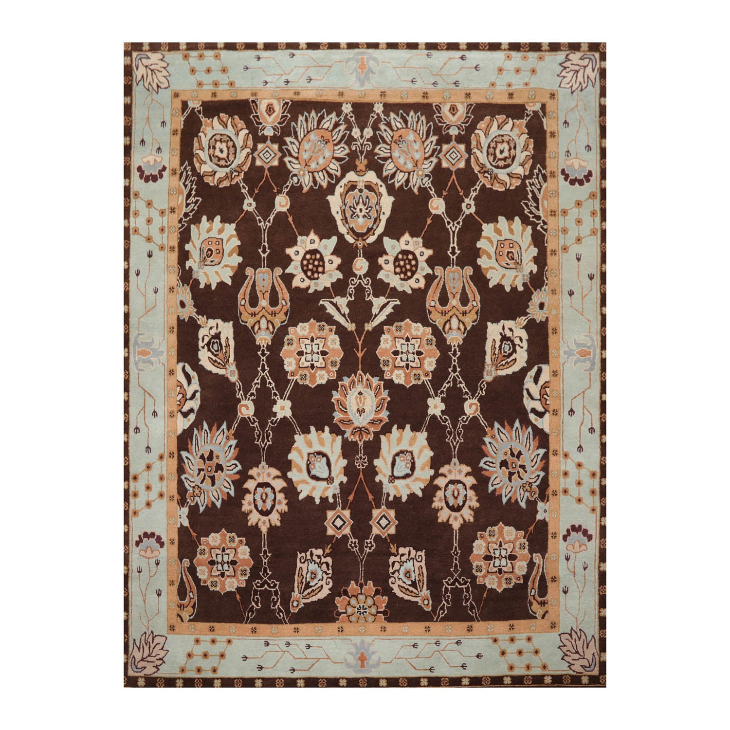9x12 Chocolate, Aqua, Mint Color Hand Knotted All-Over 100% Wool Traditional-Persian/Oriental Oriental Rug