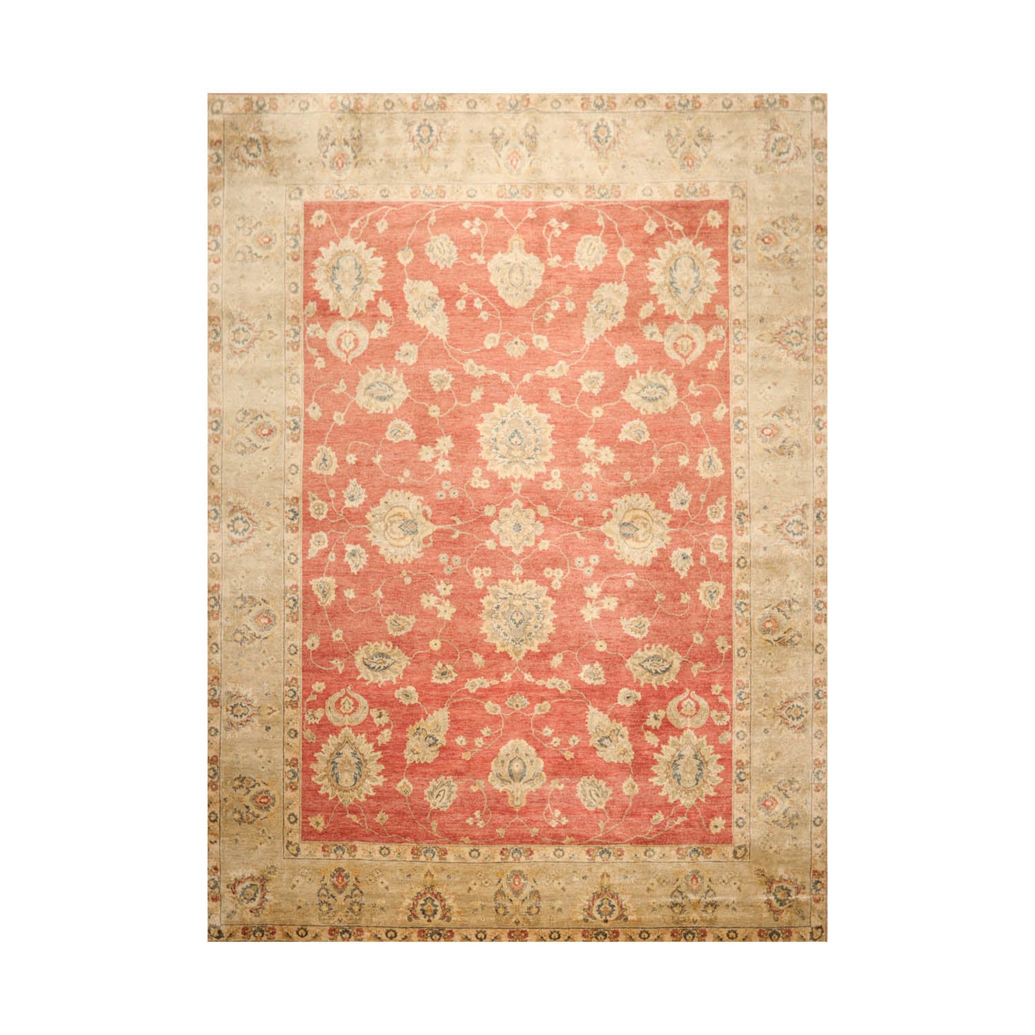9x12 Coral, Beige, Blue Color Hand Knotted All-Over 100% Wool Traditional Oriental Rug