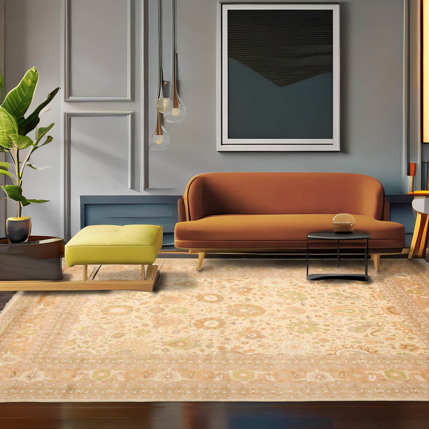 9x12 Beige, Peach, Ivory Color Hand Knotted All-Over 100% Wool Traditional Oriental Rug