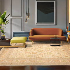 9x12 Beige, Peach, Ivory Color Hand Knotted All-Over 100% Wool Traditional Oriental Rug