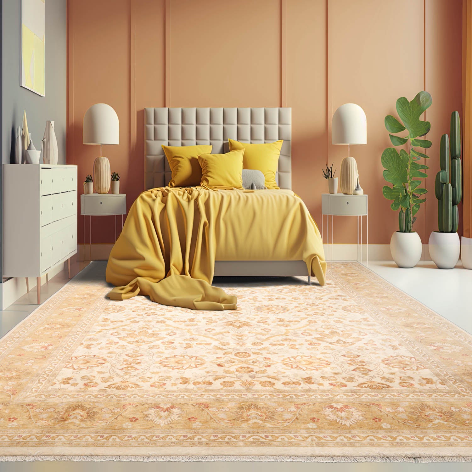 9x12 Beige, Gold, Tan Color Hand Knotted All-Over 100% Wool Traditional Oriental Rug