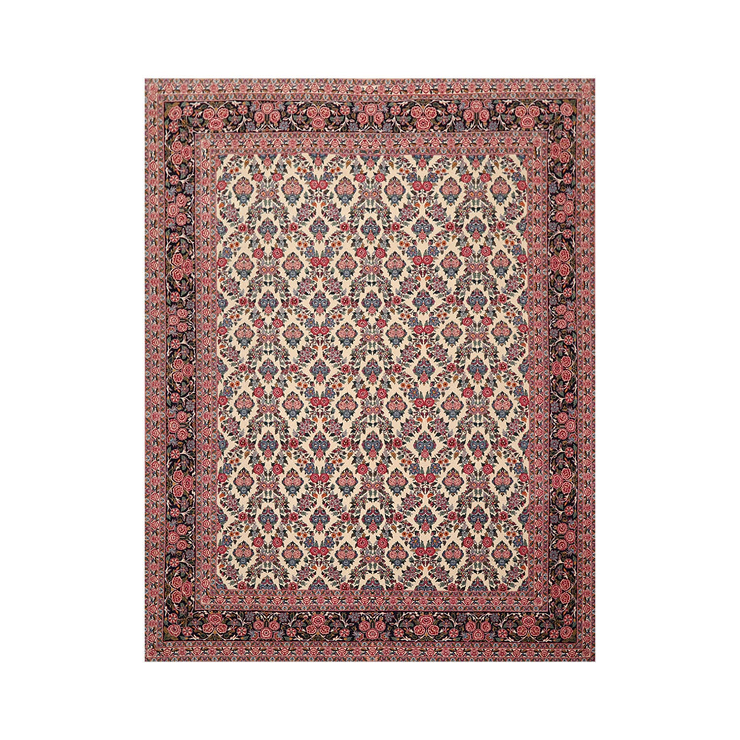 9x12 Ivory, Midnight Blue, Rose Color Hand Knotted All-Over 100% Wool Traditional Oriental Rug
