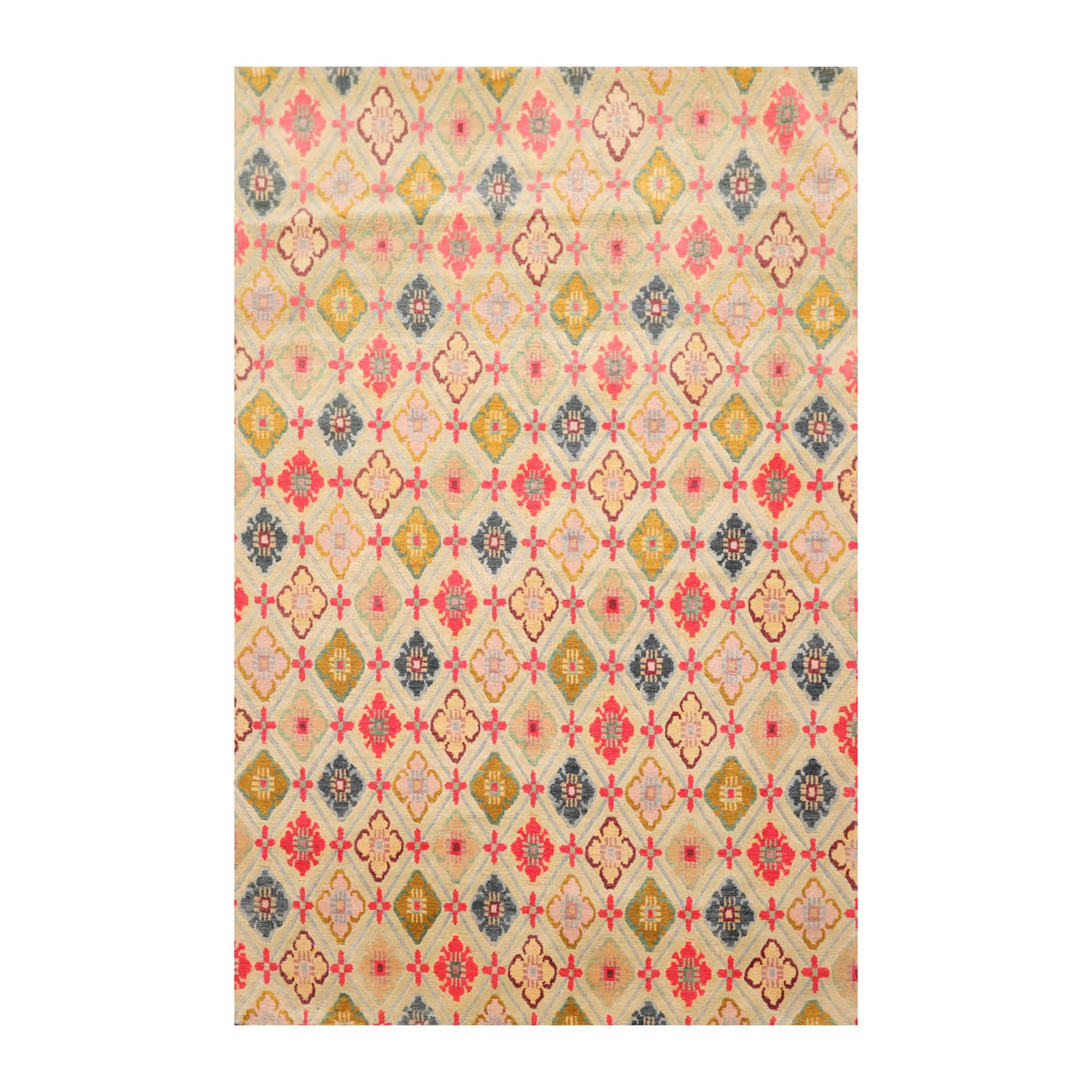 4x6 Mint, Coral, Blue Color Hand Knotted All-Over 100% Wool Traditional Oriental Rug