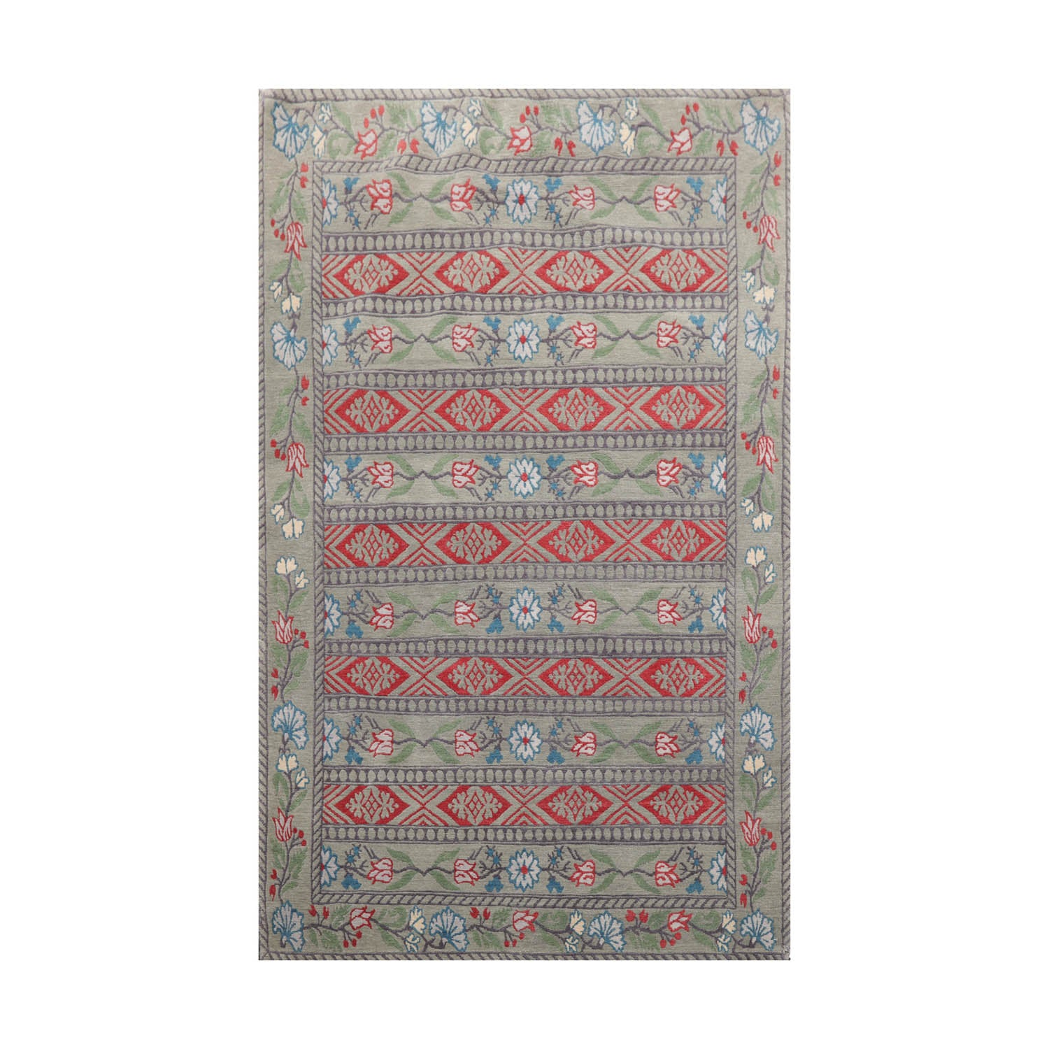 4x6 Celadon, Gray, Burnt Orange Color Hand Knotted All-Over 100% Wool Transitional Oriental Rug