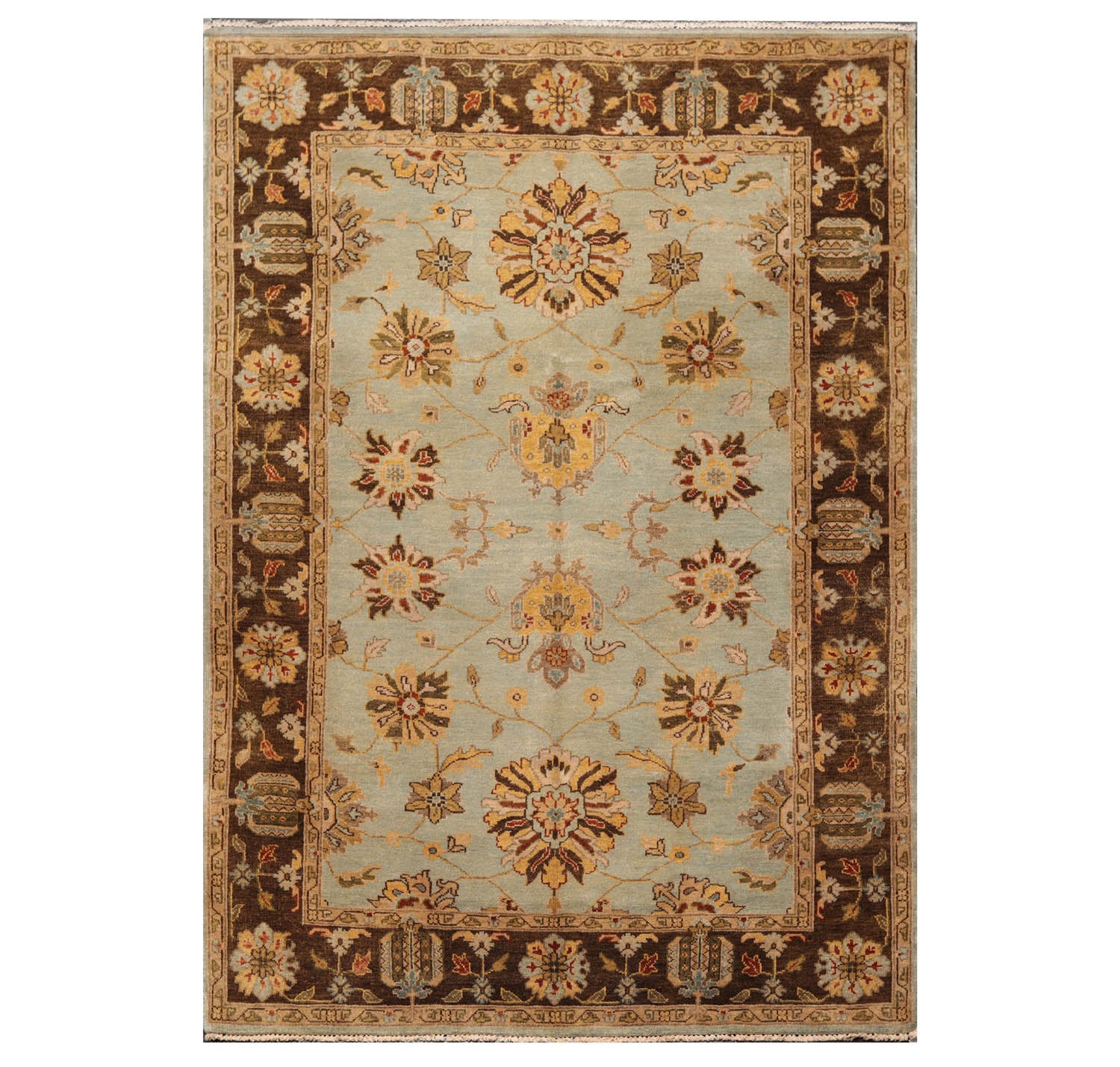 6x9 Aqua, Brown, Tan Color Hand Knotted All-Over 100% Wool Traditional Oriental Rug