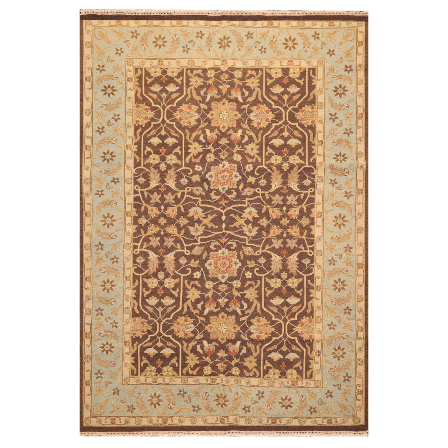 6x9 Brown, Aqua, Beige Color Hand Knotted All-Over 100% Wool Traditional Oriental Rug