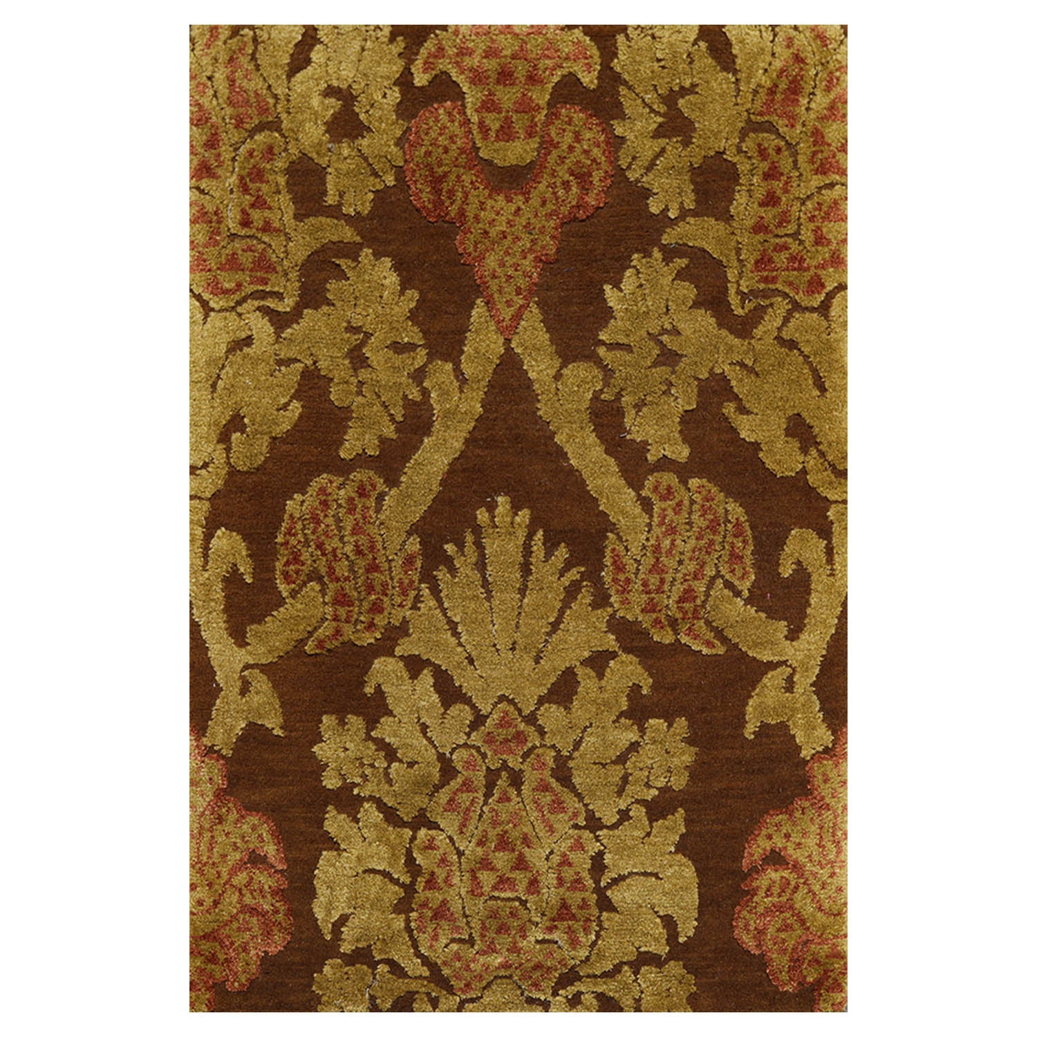 2x3 Brown, Mustard, Rust Color Hand Knotted All-Over Wool & Silk||Wool Transitional Oriental Rug