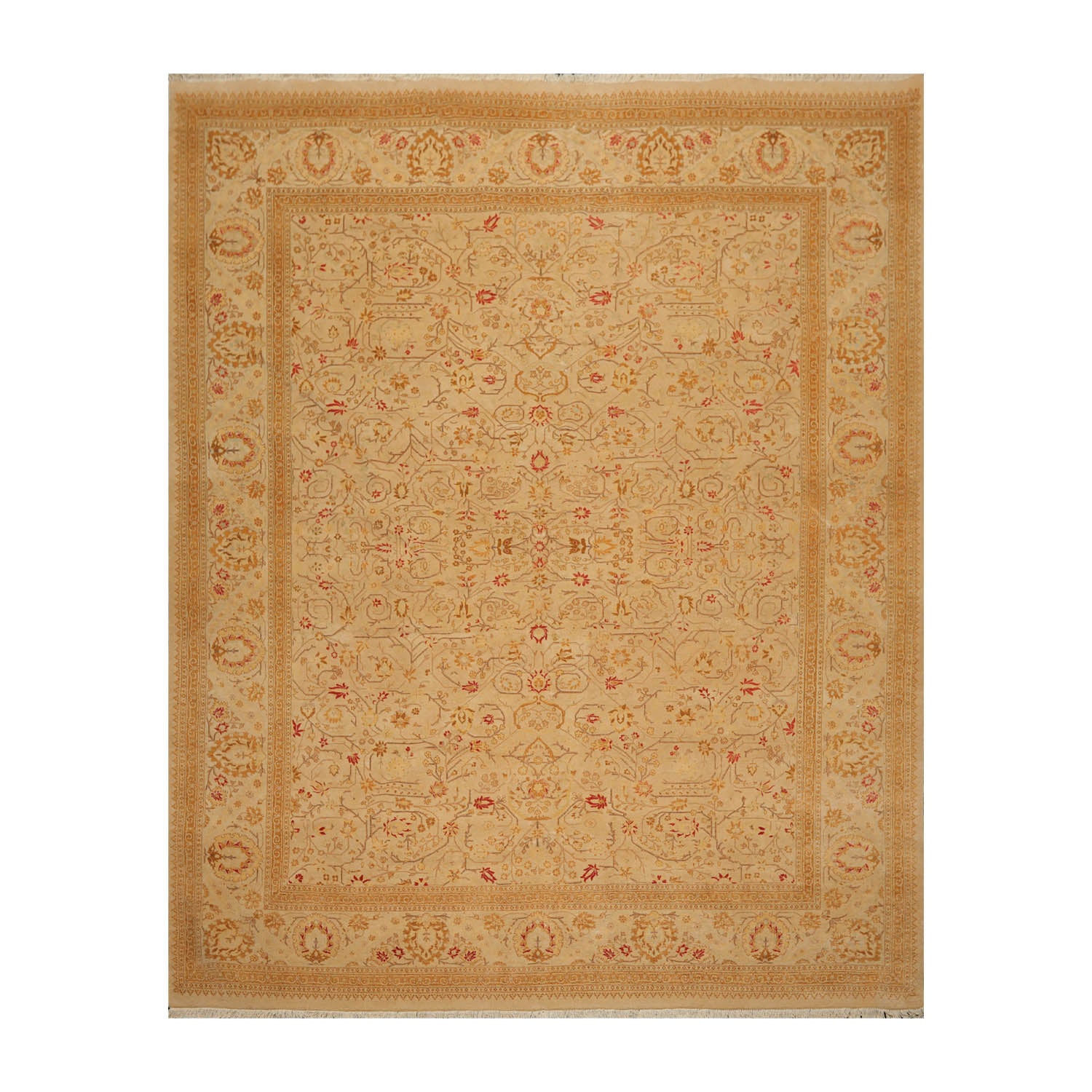 8x10 Tan, Gold, Coral Color Hand Knotted All-Over 100% Wool Traditional Oriental Rug