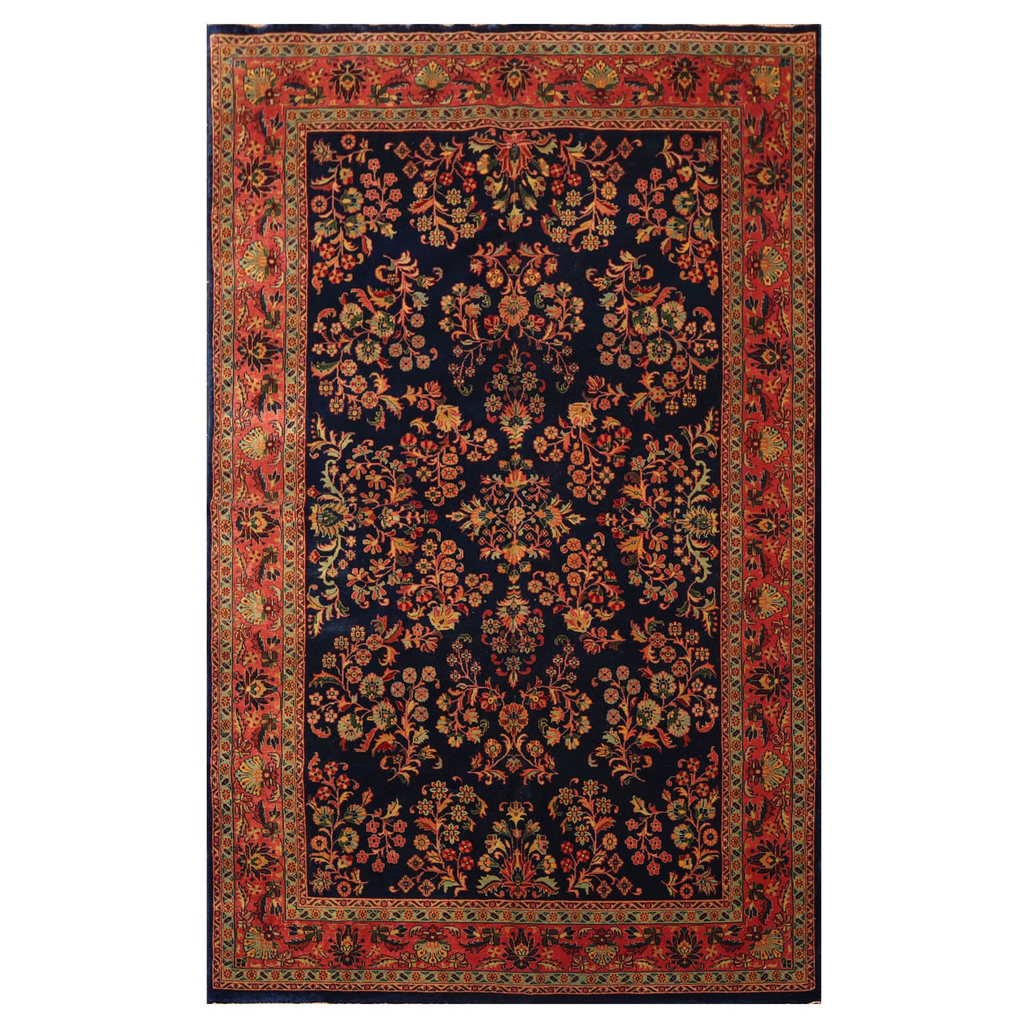 6x9 Navy, Antique Rose, Mint Color Hand Knotted All-Over 100% Wool Traditional Oriental Rug