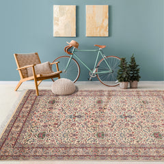 6x9 Cream, Peach, Maroon Color Hand Knotted All-Over 100% Wool Traditional Oriental Rug