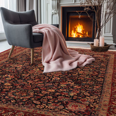 6x9 Midnight Blue, Red, Green Color Hand Knotted All-Over 100% Wool Traditional Oriental Rug