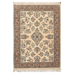 4x6 Ivory, Rose, Blue Color Hand Knotted All-Over 100% Wool Traditional Oriental Rug